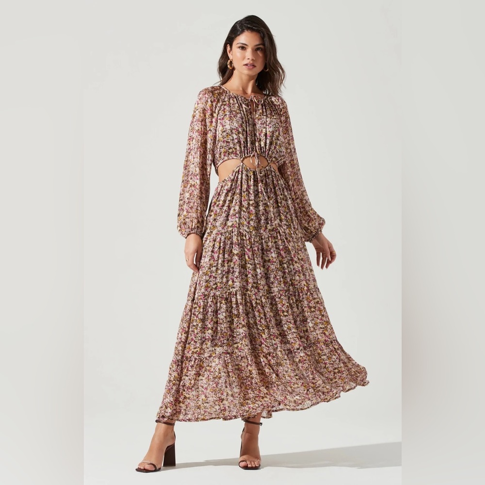 NWT Astr FREYA FLORAL CUTOUT MIDRIFF MAXI DRESS Size:Large RRP$168 Brown & Pink